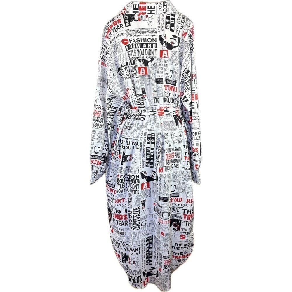 FTF +4X Fashion Newspaper Print Button Collar Belt Long Sleeve Hi-Low Midi Dress - Picture 4 of 6